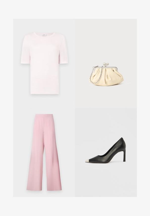T-shirt rose clair à manches courtes en matériau doux, avec un col rond et un design simple et droit. Style minimaliste.; Pantalons larges en tissu rose clair, avec une texture lisse, une taille haute et sans motifs ni accents visibles.; Chaussure à talon haut en cuir noir avec bout pointu et capuchon argenté métallique. Présente une finition lisse et un talon fin de 10 cm.; Pochette en cuir beige plissé avec un cadre en métal argenté, dotée de deux fermoirs ronds décoratifs et d'une chaîne en argent.