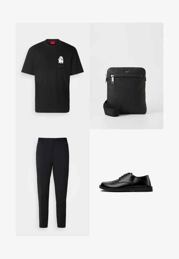 HUGO DICATIKO - T-Shirt print - black; Schwarze Hose aus strukturiertem Stoff, mit geradem Schnitt, normalem Bund mit einem Knopf und seitlichen Taschen.; Schwarze Lederschuhe mit glatter Oberfläche, runder Zehenpartie und minimalistischem Design. Verfügen über Schnürsenkel und eine flache, solide schwarze Gummisohle.; Schwarze Leder-Umhängetasche mit flachem Design, strukturierter Oberfläche, Reißverschluss, Vordertasche und verstellbarem Stoffriemen.