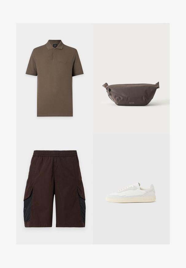 Polo marron à manches courtes avec col et logo Armani Exchange subtil sur la poitrine gauche.; Shorts marron avec une ceinture élastique, dotés de panneaux latéraux noirs et de poches passepoilées. Le matériau semble léger avec une texture lisse.; Baskets blanches avec dessus en daim et cuir texturé. Caractérisées par un bout arrondi, une fermeture à lacets et une semelle en caoutchouc beige contrastante.; Sac banane en tissu marron foncé avec poche zippée en diagonale et petit logo blanc sur le devant, sur un fond clair uni.