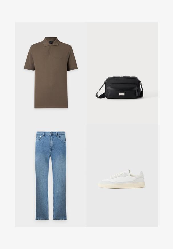 Hnedé polo s krátkym rukávom, golierom a decentným logom Armani Exchange na ľavej strane hrudníka.; Svetlomodré džínsy s rovnom strihom, piatimi vreckami, zipsom a kontrastným prešívaním. Tkanina má hladký, textúrovaný povrch.; Biela teniska s jemne štruktúrovaným zvrškom zo semišu a kože. Má zaoblenú špičku, viazanie na šnúrky a kontrastnú béžovú gumovú podrážku.; Čierna obdĺžniková crossbody kabelka s predným vreckom na zips, nastaviteľným popruhom a striebornou obdĺžnikovou logovo platničkou na jednofarebnom pozadí.