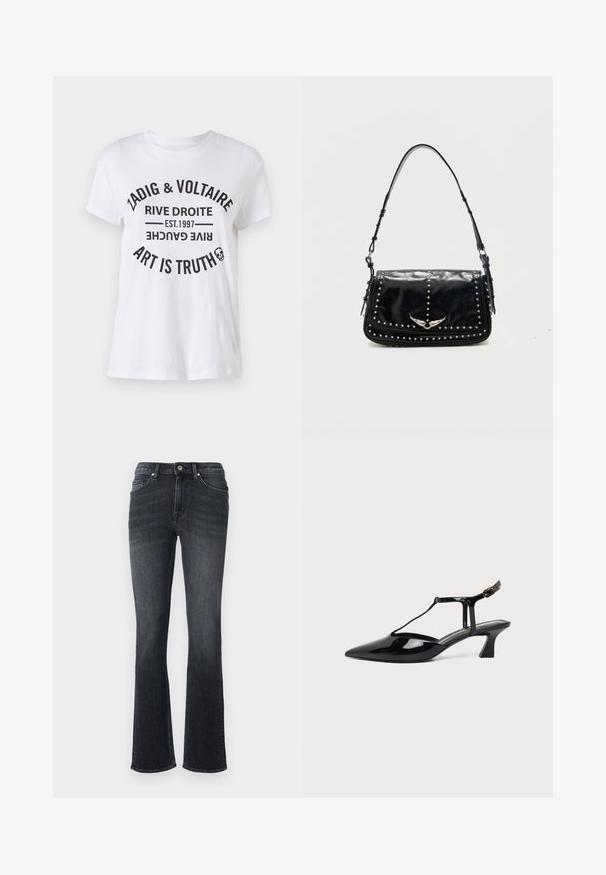 Hvid bomulds T-shirt med fede sorte bogstaver, der viser brandnavn, placering, etableringsdato og slogan i et cirkulært layout. Rund halsudskæring.; Mørke denim flare jeans med lynlås og metal knap, forlommer og subtil forvitring for tekstur. Klassisk fem-lomme design.; Sort laklæder spids tå slingback sko med T-rem og lav skrå blokhæl på hvid baggrund.; Sort læder skuldertaske med sølvlignende nitter og vingeformet metalemblem på frontklappen mod en ensfarvet baggrund.