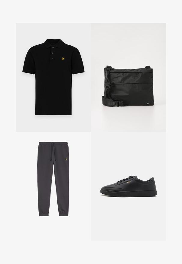 Zwarte polo in een katoenmix, met een drieknoopsluiting, korte mouwen en een klein geel embleem op de linkerkant van de borst.; Donkergrijze sweatpants gemaakt van zacht materiaal, met een elastische tailleband met trekkoord, gesloten enkels en een klein geel logo op de linker dij.; Zwarte leren sneakers met een gladde textuur, ronde neus, platte rubberen zool en tonale veters. Kenmerkt zich door de gouden "BOSS" branding aan de zijkant.; Zwarte nylon boodschappentas met verstelbare riem, plat ontwerp en een zijlabel met een logo. Soepele textuur en minimalistische stijl.