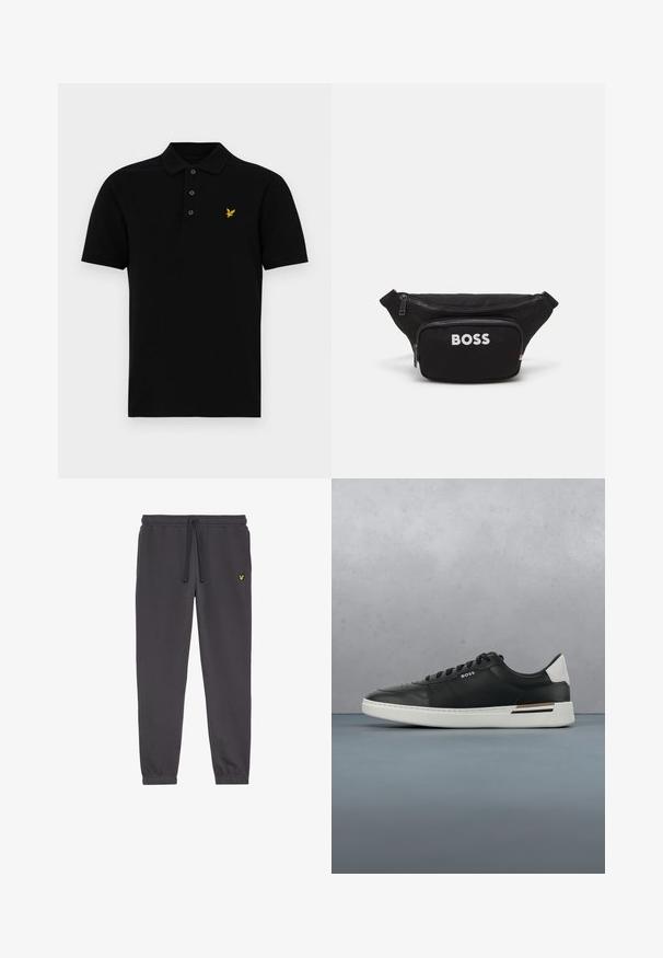 Polo negra de mezcla de algodón, con un cuello de tres botones, mangas cortas y un pequeño emblema amarillo en el lado izquierdo del pecho.; Pantalones de chándal gris oscuro, hechos de una tela suave, con una cintura elástica con cordón, puños en los tobillos y un pequeño logotipo amarillo en el muslo izquierdo.; Zapatilla de cuero negra con suela blanca, cuenta con perforaciones, diseño de cordones, logo en el costado y detalle del talón en blanco y marrón.; Riñonera de tela negra con un bolsillo frontal con cremallera, un compartimento principal grande y el logotipo blanco "BOSS" en la parte frontal. Textura suave, forma estructurada.