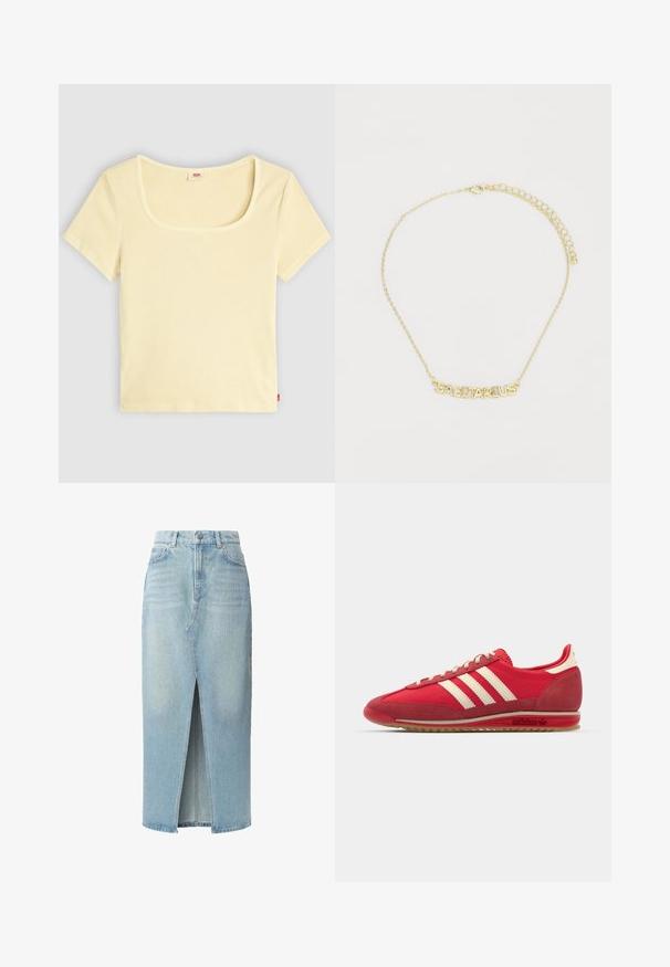 Lichtgele geribbelde top met korte mouwen, een brede ronde halslijn en een cropped pasvorm. Label zichtbaar aan de achterkant in het midden.; Lichtblauwe denimrok met een voorknijp, vijf zakken en riemlussen. Gemaakt van katoen met een soepele textuur en een lichte vervaging.; Rode sportieve sneaker met een gestructureerde bovenzijde, drie witte strepen, ronde neus en een rubberen zool met logo-details aan de zijkant.; Gouden halsketting met de tekst "BOOGSCHUTTER", delicate ketting met een kreeftenhaak, verfraaid met kleine heldere edelstenen op geselecteerde letters.