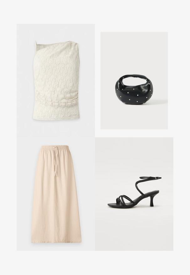 Haut sans manches en dentelle couleur crème avec une bretelle fine et un col asymétrique.; Jupe beige longueur cheville en tissu léger avec une taille élastique et un lien ajustable. Présente une silhouette droite et décontractée.; Even&Odd Wide Fit Sandales - black; Sac à main en cuir noir de forme arrondie, décoré de clous argentés et équipé d'une poignée courte. Texture lisse et fermeture éclair.