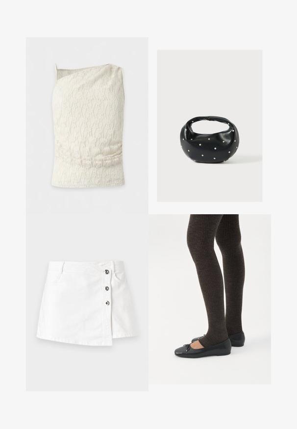 Crèmekleurige kanten mouwloze top met één dunne band en asymmetrische halslijn.; Witte denim mini-jurk met een rechte snit, voorzien van een zijsluiting met vier metalen knopen en een subtiele omgeslagen zoom.; Benen met donkere geribbelde leggings gecombineerd met zwarte ballerina's met kleine strikdetails op een witte achtergrond.; Zwarte leren handtas met een afgeronde vorm, versierd met zilveren studs, en een korte handgreep. Gladde textuur en ritsluiting.