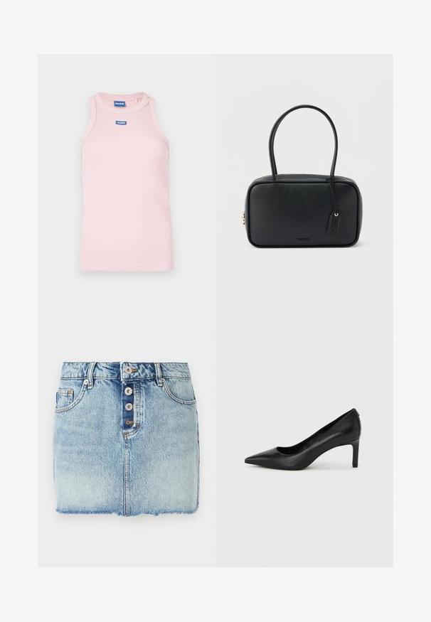 Débardeur côtelé rose avec un col rond et des bretelles étroites. Présente un logo "HUGO" bleu sur la poitrine. Texture lisse.; Mini-jupe en jean bleu clair avec fermeture à boutons sur le devant, passants pour ceinture et ourlet brut.; Escarpin à bout pointu en cuir noir avec un talon fin de hauteur moyenne sur un fond gris clair uni.; Sac à main rectangulaire noir avec doubles poignées arrondies, fermeture éclair dorée et logo "HUGO" embossé sur le devant avec une étiquette en cuir attachée.