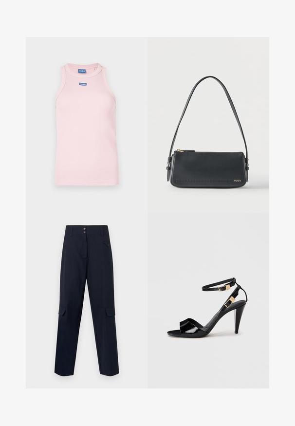 Débardeur côtelé rose avec un col rond et des bretelles étroites. Présente un logo "HUGO" bleu sur la poitrine. Texture lisse.; Pantalons cargo de la marine, fabriqués en matériau tissé, comprenant deux poches latérales, une fermeture à bouton et un design à jambe droite.; Sandale à talon haut en cuir verni noir avec double bride de cheville et boucles dorées, bout ouvert, et talon effilé sur fond neutre.; Sac à bandoulière rectangulaire en cuir noir avec fermeture éclair dorée et petit logo "HUGO" doré sur le devant, doté d'une sangle réglable avec boucle.
