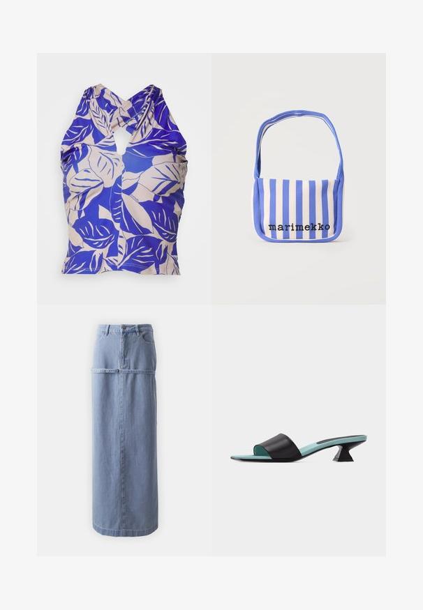 Blue halter top with a leaf pattern in cream. Features a keyhole cutout at the back and ruched detailing on the sides. Smooth texture.; Light blue denim long skirt with a straight silhouette, front pockets, and a metal button detail at the waist. Soft, textured fabric.; Black open-toe mule with a wide strap, turquoise insole, and a short, uniquely shaped block heel on a white background.; Blue and white vertically striped fabric shoulder bag with "marimekko" text embroidered in black on front.