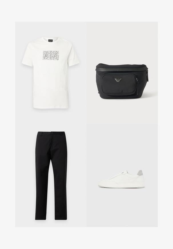 Hvid T-shirt med kortærmet, rund hals og et sort-hvidt abstrakt grafikmotiv med overlappende "A" og "X" bogstaver, placeret midt på brystet.; Sorte lige bukser med knap- og lynlåslukning, bæltestropper og forlommer, præsenteret på hvid baggrund.; Hvid lavtop-sneaker med gråt hælflig, hvide snørebånd og tekstureret sål, vist på en ensfarvet lys baggrund.; Sort bæltetaske med frontlynlåslomme og sølv ørn-logo, glat stof med tekstureret kant og lynlåstræk.
