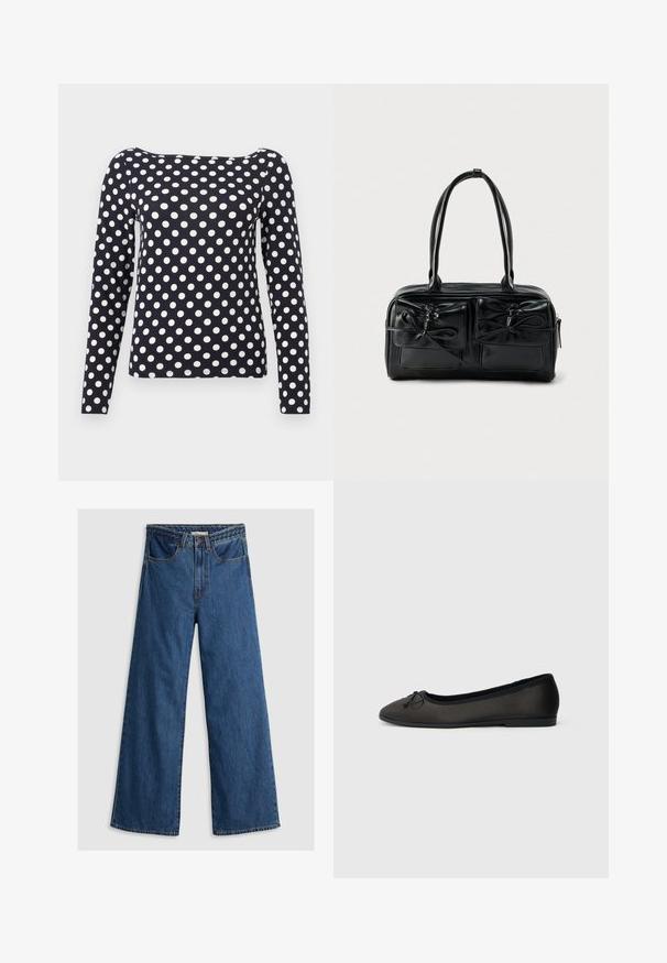 Marineblå langærmet skjorte med hvide polkaprikker, bådhals og tætsiddende pasform.; Bredde ben blå denim jeans med høj talje, der har et klassisk fem-lomme design og en tekstureret taljebånd.; Sorte ballerinaer med en glat mat finish, rundet tå og en dekorativ sløjfe foran. Har en lav, flad hæl.; Sort læderhåndtaske med to frontlommer og sløjfedetaljer, med solide håndtag og en struktureret rektangulær form.