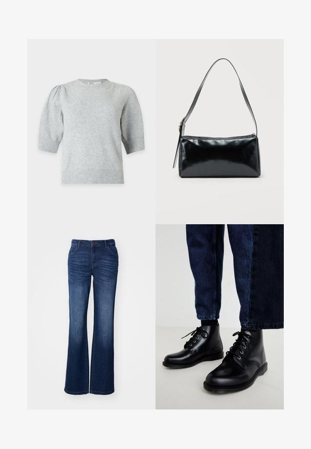 Lysegrå strikket kortærmet sweater med balloner på skuldrene og ribkant ved manchetter og kant, rund halsudskæring, forfra.; Blå denim flared jeans med en mid-rise talje, fem lommer og subtilt slid ved lårene. Har en frontknap og lynlås lukning.; Sorte ankelstøvler i læder med runde snuder, snørelukning, sølvfarvede forskruninger og teksturerede såler, kombineret med mørkeblå denimjeans.; Sort rektangulær skuldertaske med en enkelt justerbar rem og lynlås i toppen på en ensfarvet baggrund.