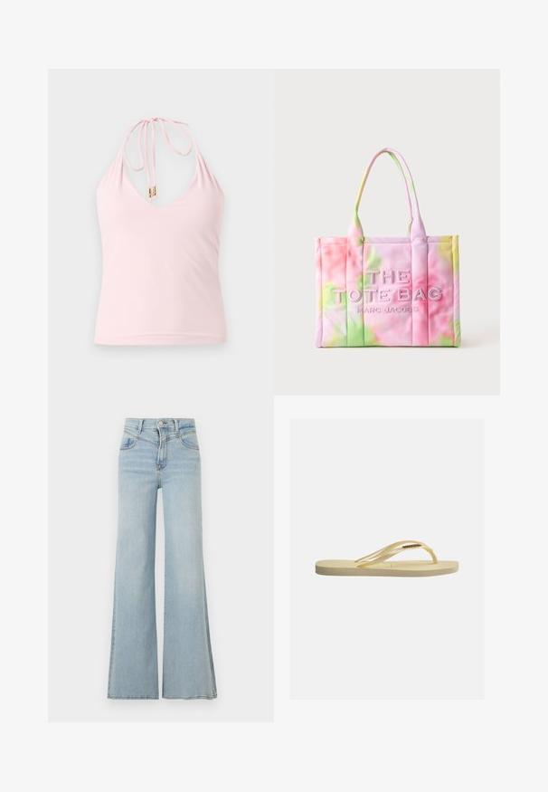 Débardeur rose pâle à col licou avec un profond décolleté en V et fines bretelles nouées dans le dos avec des extrémités en perles dorées.; Jean large taille haute bleu clair avec fermeture à boutons et fermeture éclair à l'avant, poches avant et passants pour ceinture sur un fond uni.; Tongs beige unique avec semelle texturée et fines brides, arborant un petit logo de marque doré sur la bride.; Sac cabas rectangulaire en tissu doux avec motif tie-dye pastel rose, vert et jaune, avec "THE TOTE BAG MARC JACOBS" embossé à l’avant.