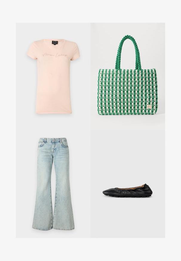 Lyserød kortærmet t-shirt med "Armani Exchange" skrevet i små krystalkursive bogstaver på brystet, rund halsudskæring, størrelse medium.; Lyseblå flared jeans lavet af denim, med høj talje, lommer og frynset kant. Stoffet har et slidt look og en subtil struktur.; Sort læder balletflade med samlet detaljering ved kraven, rund tå og fleksibel gummisål. Glat tekstur hele vejen igennem.; Grøn og hvid vævet tote taske med en struktureret rektangulær form, tekstureret overflade og to robuste håndtag. Har en logotag på siden.