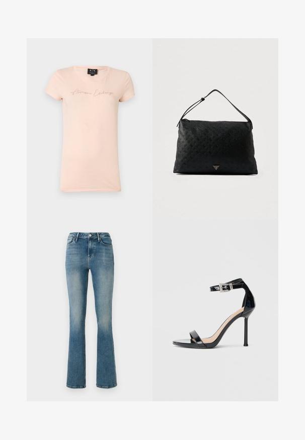 Lichtroze T-shirt met korte mouwen en "Armani Exchange" in kleine cursief geschreven kristallen over de borst, ronde halslijn, maat medium.; Lichtblauwe flared jeans van denim met vijf zakken, een hoge taille en stikselDetails. De stof heeft een licht vervaagde wassing en een gladde textuur.; Zwarte sandalen met hoge hak van lakleer en een enkelriempje. Heeft een minimalistisch ontwerp, open teen en een gesp met strass-steentjes.; Zwarte Guess schoudertas met reliëflogo-patroon, verstelbare schouderband en klein triangulair merkembleem op het voorste midden.