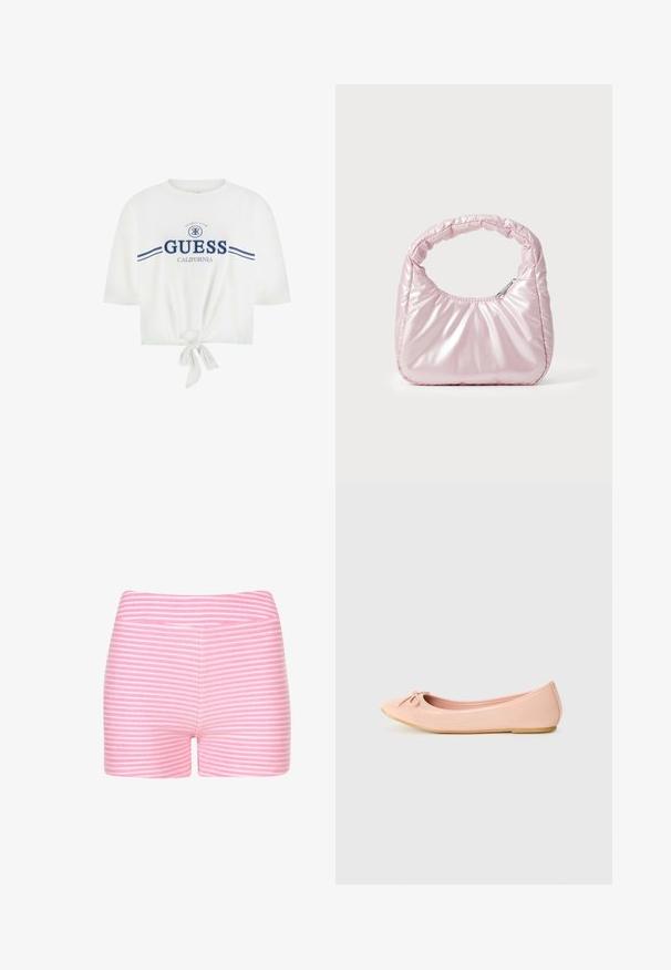 T-shirt blanc court avec texte et logo bleu marine « GUESS California Sports Club », avec nœud noué à l'avant et manches courtes.; Shorts rayés rose et blanc en tissu doux. Présente un design ajusté et une taille lisse sans détails ou matériel additionnels.; Ballerine en matériau synthétique rose clair avec un bout arrondi, ornée d'un petit nœud et d'une semelle flexible.; Sac à main rose rembourré avec un design arrondi, fabriqué à partir d'un matériau brillant. Dispose d'une poignée froncée et d'une fermeture éclair pour un accès sécurisé.