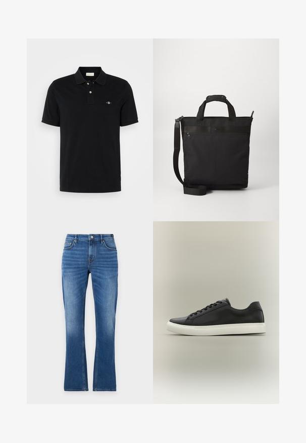 Camisa polo negra de algodón, con cuello clásico, tapeta de dos botones, mangas cortas y un pequeño logo bordado en el pecho.; Vaqueros acampanados de mezclilla en azul medio. Presentan un diseño de cinco bolsillos, detalles cosidos, un cierre de botón y una textura ligeramente desgastada en las piernas.; Zapatilla negra de perfil bajo con suela de caucho blanca y cordones negros, mostrada de perfil contra un fondo neutral.; Bolso tote negro hecho de tela duradera con asas dobles, correa de hombro ajustable, cierre con cremallera y un sutil logotipo en la parte frontal.