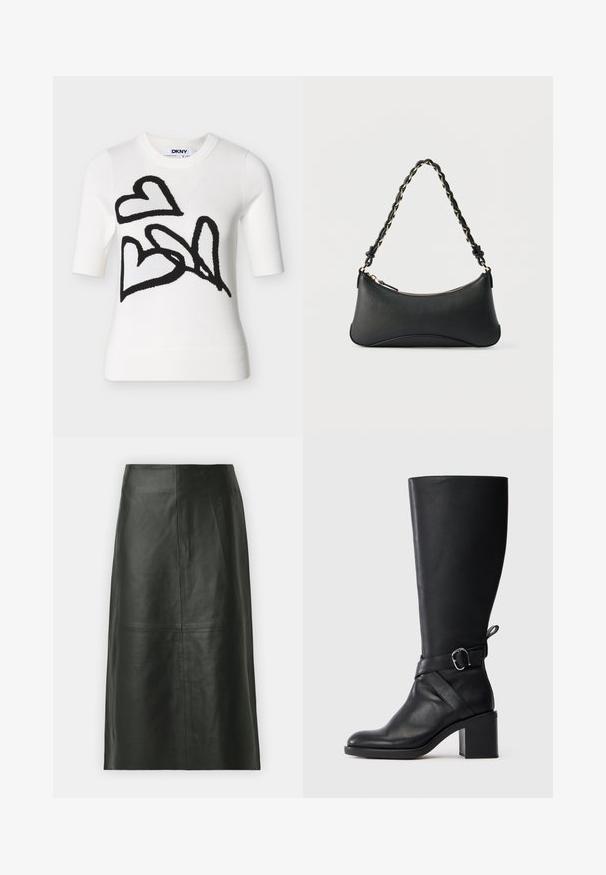 Hvid kortærmet sweater med sorte abstrakte hjerte-designs på forsiden og rund halsudskæring, med et DKNY-mærke indvendigt i kraven.; Sort læder midi-nederdel med lige snit. Glat tekstur, minimale sømme og en tætsiddende talje. Ingen synlige lommer eller yderligere detaljer.; Sort læder støvle til midt på læggen med blokhæl og dekorativ strop med sølvfarvet spænde på en enkel lys baggrund.; Sort skuldertaske i læder med en buet rektangulær form, gyldent kæde vævet ind i en flettet sort rem og toplynlås.