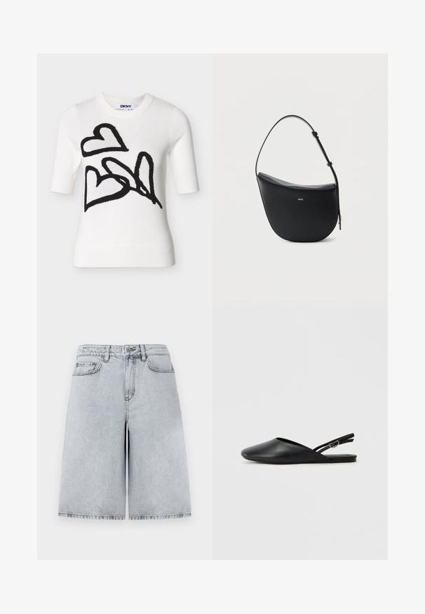 Witte trui met korte mouwen, zwarte abstracte hartontwerpen aan de voorkant en een ronde halslijn, met een DKNY-label aan de binnenkant van de kraag.; Lichtgrijze denim shorts met een ontspannen pasvorm, met een hoge taille, vijf zakken en een rechte snit. Strakke, minimalistische stikdetails.; Zwarte leren slingback schoenen met een puntige neus, gebogen ontwerp en verstelbare gesp. Glad textuur, platte zool, minimale details.; Zwarte halfmaansvormige leren schoudertas met verstelbare riem en goudkleurig "BOSS"-logo middenvoor.
