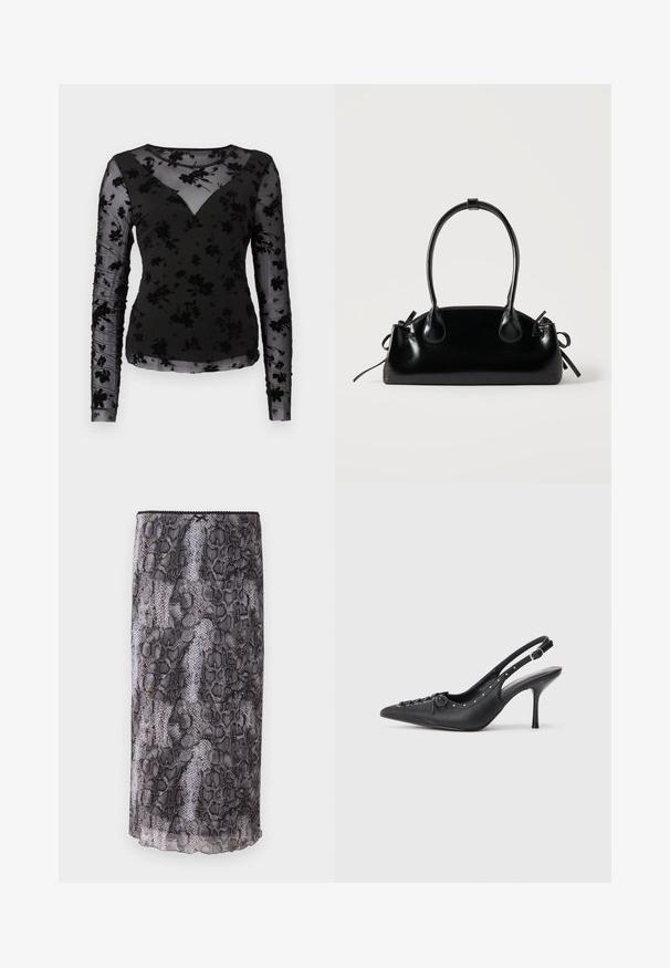 Zwarte lange mouw top met een doorschijnend bloemenpatroon, V-hals en gathered mouwen. De stof heeft een zachte, gestructureerde afwerking.; Zwart en grijs slangenprint pencil skirt met een sheer, textuurstof. Kenmerkt zich door een scalloped zoom en details aan de bovenrand.; Zwarte leren slingback stiletto met spitse neus, zijgesp met gesp, studs langs de rand en decoratieve veters aan de voorkant.; Kleine zwarte glanzende handtas met twee lange hengsels en zijkant trekkoord details op een effen lichte achtergrond.