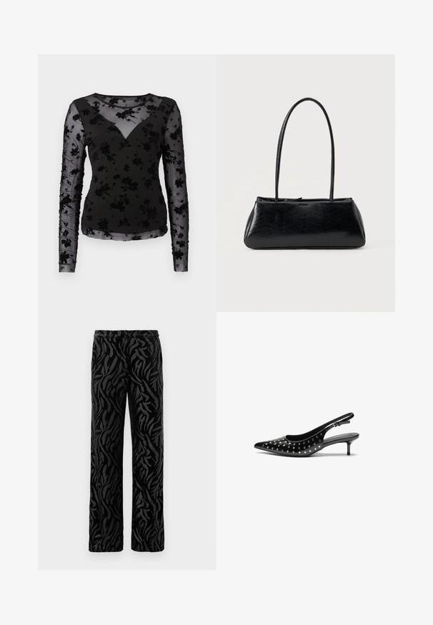 Top negro de manga larga con un diseño floral transparente, escote en V y mangas fruncidas. La tela tiene un acabado suave y texturizado.; Pantalones negros con un patrón texturizado y en espiral. Fabricados con un material suave, tienen un corte de pierna recta y una cinturilla elástica para mayor comodidad.; Zapatos de tacón slingback de cuero negro con punta afilada y tacón pequeño. Decorados con tachuelas metálicas a lo largo del empeine para añadir textura.; Bolso de hombro rectangular negro con correas largas y delgadas y una textura lisa y brillante sobre un fondo liso.