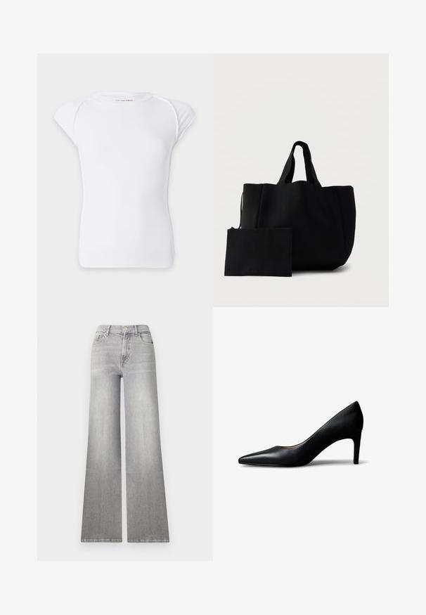 Hvid kortærmet ribstrikket t-shirt med rund halsudskæring og let hævede skuldre på en ensfarvet baggrund.; Bredde ben grå denim jeans med en falmet finish, frontlomme og knaplukning. Har lige ben og klassisk kant.; Sort damesko i læder med spids snude og mellemhøj hæl, vist fra siden på en hvid baggrund.; Sort tekstureret mulepose med to korte håndtag, ledsaget af en matchende rektangulær pung med lynlås, sat mod en hvid baggrund.