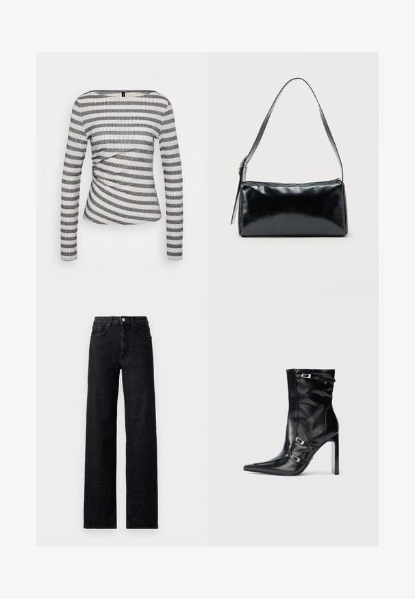 T-shirt à manches longues en tissu côtelé avec des rayures noires et blanches alternées, présentant un détail froncé à la taille et un décolleté large.; Jean en denim noir taille haute avec fermeture à bouton et à glissière, poches avant et arrière, et coupe droite.; Bottines en cuir noir avec un bout pointu, un talon haut et des boucles en argent décoratives sur les côtés pour un détail supplémentaire.; Sac d'épaule rectangulaire noir avec une sangle réglable unique et une fermeture éclair supérieure sur un fond uni.
