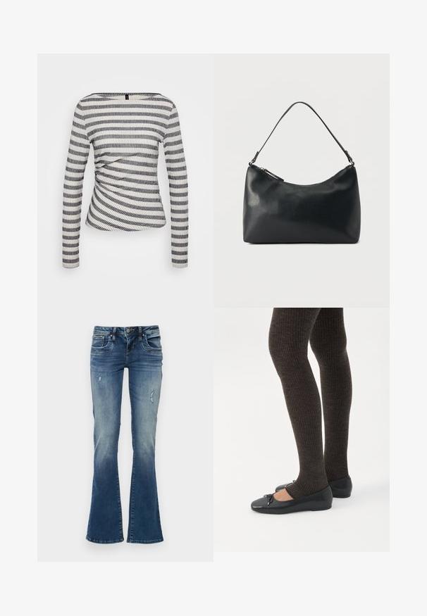 Langærmet top i ribbet stof med skiftende sorte og hvide striber, der har en samling ved taljen og en bred halsudskæring.; Denim jeans med flair i mellemblå med udskudte områder og slidte detaljer. Har fem lommer og lynlås med knaplukning.; Ben iført mørke ribbede leggings kombineret med sorte balletsko med små sløjfedetaljer på hvid baggrund.; Sort skuldertaske i struktureret læder med buet toplynlås og enkelt justerbar rem mod ensfarvet baggrund.