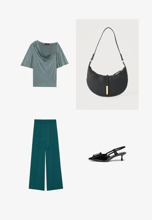 T-shirt à manches courtes en tissu vert clair avec un col drapé et des manches fluides. Texture lisse, coupe modeste et couleur unie.; Pantalons à jambes larges dans une teinte bleu sarcelle profonde avec une finition texturée, dotés d'une taille nouée pour un ajustement réglable et d'une silhouette fluide.; Talons aiguilles en cuir verni noir avec un bout pointu, un détail en nœud à l'avant et un petit talon stiletto. Les brides sont équipées de boucles ajustables.; Sac à main noir en forme de croissant avec une bandoulière unique, une fermeture éclair dorée et une languette décorative rectangulaire dorée à l'avant.
