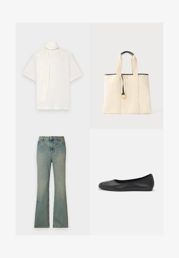 Hvid kortærmet t-shirt med en draperet stofdetalje ved halsen. Fremstillet af blødt materiale med en afslappet pasform og glat tekstur.; Lysblå denim flare jeans med høj talje, fem lommer og lynlås. Ren, falmet finish med subtile syninger.; Sort læderballetsko med rund tå, glat tekstur, minimal syning og et fleksibelt såldesign.; Grå lærredstaske med brede stropper, sort kantet håndtag og guldringdetalje hængende foran i midten.