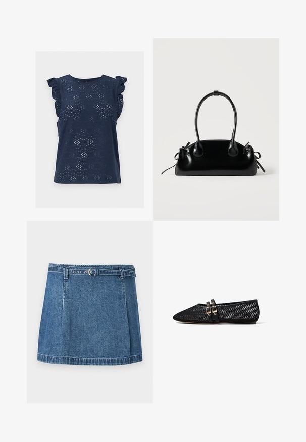 Marineblå ærmeløs bluse med hulmønster og flæseærmer, rund halsudskæring og lige kant.; Blå denim mininederdel med syninger ved kanten og et tyndt matchende bælte med sølvfarvet spænde, lagt fladt på en lys baggrund.; Sort mesh flad sko med spids tå og to tynde dobbelte spænder over vristen, vist i sideprofil på hvid baggrund.; Lille sort blank håndtaske med to lange håndtag og snøre-detaljer i siden på en ensfarvet lys baggrund.