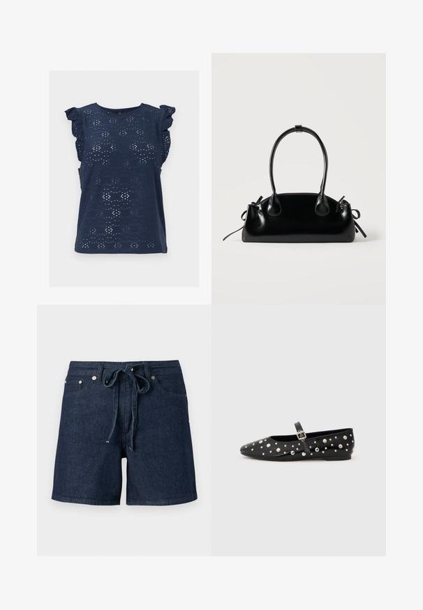 Blouse sans manches bleu marine avec motif en dentelle ajourée et manches courtes à volants, col rond et ourlet droit.; Shorts en denim bleu foncé avec poches avant et ceinture en tissu nouée à la taille, présentés sur un fond gris uni.; Ballerines en cuir noir avec un bout pointu, ornées de clous en argent et d'une sangle à boucle sur le côté. Surface texturée avec une semelle plate.; Petit sac à main noir brillant avec deux longues anses et des détails à cordon sur les côtés sur un fond clair uni.