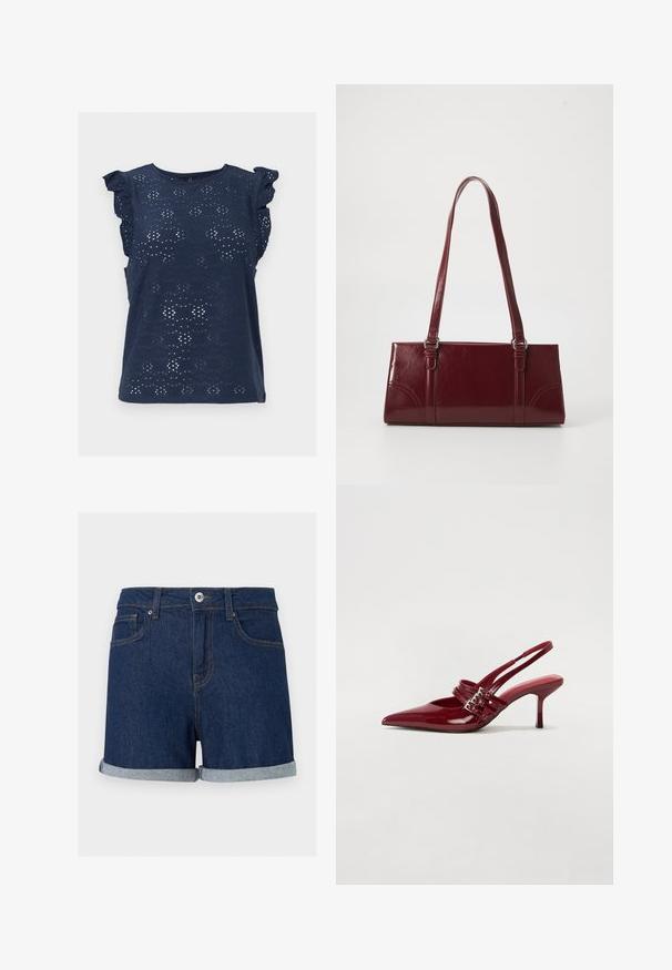 Marineblå ærmeløs bluse med hulmønster og flæseærmer, rund halsudskæring og lige kant.; Mørkeblå denimshorts med opsmøgede kanter, knap- og lynlås foran samt forlommer på en ensfarvet baggrund.; Røde patenteret læder slingback hæle med spids tå, to spændebånd og en slank, mellemhøj stiletto hæl. Glat tekstur.; Bordeaux håndtaske lavet af glansfuldt materiale, rektangulær form, med to skulderremme og subtile buede detaljer på forsiden.
