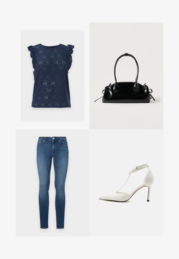 Navy blauwe mouwloze blouse met oogjeskantpatroon en ruches bij de mouwtjes, ronde halslijn en rechte zoom.; Skinny jeans in donkerblauwe denim, met vijf zakken, een knoopsluiting en een rits. De stof heeft een gladde textuur met een lichte vervaging.; Witte pumps met spitse neus en dunne enkelriem met gesp, gladde afwerking en slanke stiletto hak op een effen achtergrond.; Kleine zwarte glanzende handtas met twee lange hengsels en zijkant trekkoord details op een effen lichte achtergrond.