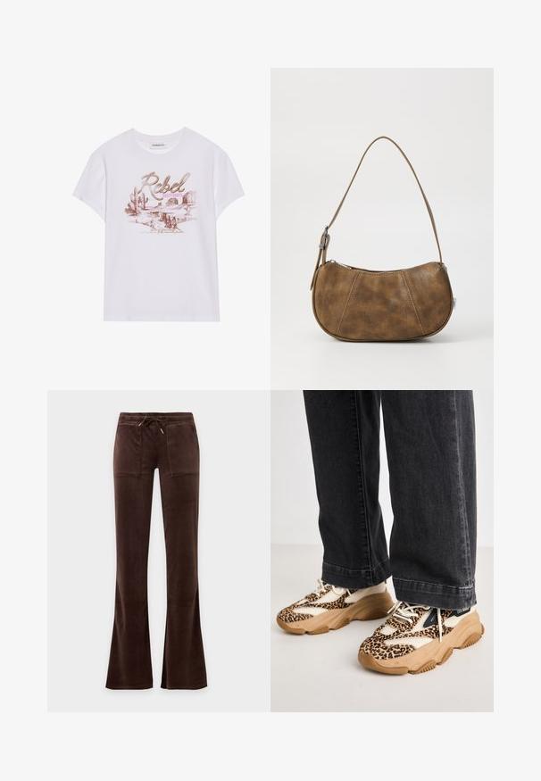 Hvid bomulds T-shirt med et grafisk print, der viser ordene "Rebel Dusty Boots", kaktusser og ørkenlandskaber i pink og brune nuancer.; Mørkebrune velourbukser med snøre i taljen, to frontlommer og let udvidede ben mod en ensfarvet baggrund.; Sneakers med leopardprint og mesh- og læderpaneler, tan-gummisål og kontrasterende sorte accenter. Båret med løstsiddende mørke jeans.; Brun faux læder skuldertaske med en buet form, en enkelt strop, kontrasterende syninger og en lynlåslukning langs den øverste kant.