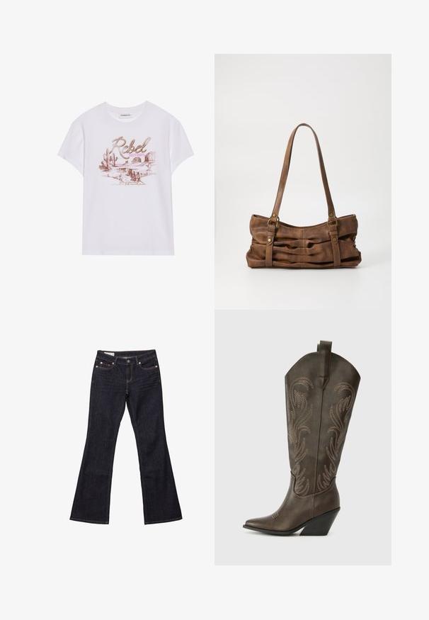 Hvid bomulds T-shirt med et grafisk print, der viser ordene "Rebel Dusty Boots", kaktusser og ørkenlandskaber i pink og brune nuancer.; Mørkeblå denim bukser med flared ben, fem lommer, kobbernitter og kontrastsyet. Glat tekstur med en lige, afslappet pasform.; Brune læder cowboystøvle med spids tå, kilehæl og dekorativ broderi. Har en høj stok og en trækflap.; Even&Odd Håndtasker - brown