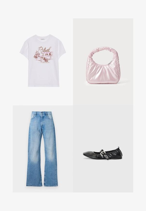 Camiseta de algodón blanca con un estampado gráfico que presenta las palabras "Rebel Dusty Boots", cactus y un paisaje desértico en tonos rosas y marrones.; Vaqueros de mezclilla de color azul claro, acampanados y de cintura alta, con cinco bolsillos y un cierre clásico de botón. Presentan un desvanecimiento sutil y un ajuste relajado.; Zapato plano de piel negra con puntera afilada, detalle fruncido alrededor de la abertura y un acento de hebilla plateada en la correa ajustable.; Bolso de mano acolchado en color rosa con un diseño redondeado, fabricado en material brillante. Presenta un asa fruncida y un cierre de cremallera para un acceso seguro.