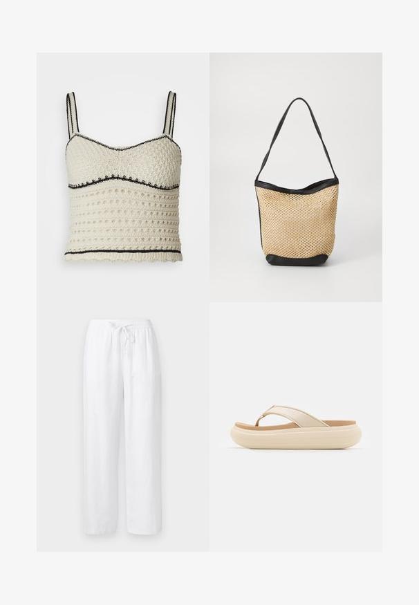Top en crochet crème avec des accents noirs. Présente un design ajusté, des bretelles réglables et un motif texturé avec des trous circulaires.; Pantalon ample en mélange de lin blanc avec ceinture élastique et cordon à l'avant, coupe droite.; Sandale à lanières beige avec une large bride pour les orteils et une semelle épaisse et arrondie. Dispose d'un matériau supérieur lisse et d'un semelle intérieure brun contrastant.; Sac fourre-tout tissé en paille avec une texture naturelle, rehaussé d'une bordure en simili cuir noir et d'une bandoulière ; design ouvert.