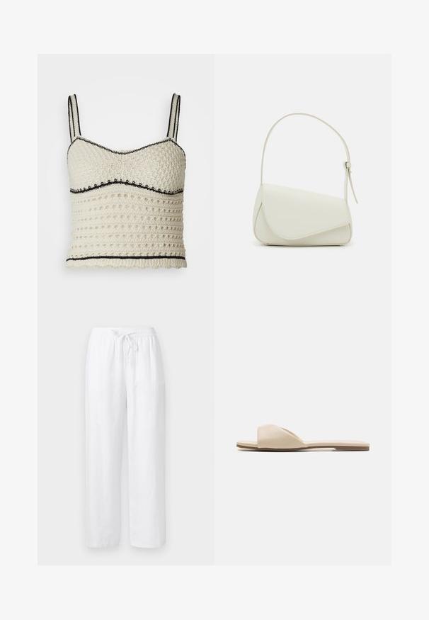 Top en crochet crème avec des accents noirs. Présente un design ajusté, des bretelles réglables et un motif texturé avec des trous circulaires.; Pantalon ample en mélange de lin blanc avec ceinture élastique et cordon à l'avant, coupe droite.; Des sandales plates en matériau beige doux, avec un design ouvert à l'avant, une texture lisse et une forme minimaliste, accompagnées d'une semelle marron clair.; Sac à main en cuir synthétique blanc avec une forme triangulaire structurée, une bandoulière unique réglable et un rabat à courbes accentuées.