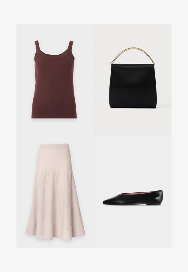 Mouwloze bruine geribde tanktop met vierkante halslijn en subtiel geborduurd logo middenvoor.; Lichtbeige uitlopende rok van zachte stof, met een hoge taille en een geplooid ontwerp met een vloeiende silhouet.; Zwarte leren damesschoen met platte zool, puntige neus en lage hak, zijwaarts afgebeeld tegen een effen lichtgrijze achtergrond.; Zwarte tas van gladde stof met een gestructureerde vorm, een handvat van gouden ketting en een minimalistisch geometrisch ontwerp.
