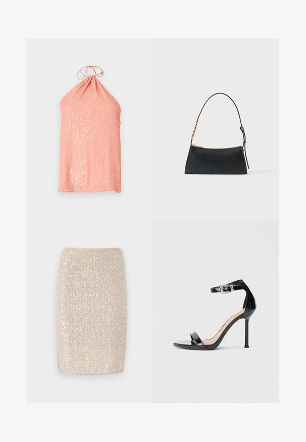 Haut halter pêche en tissu texturé avec des sequins, présentant un col froncé et une fermeture à nouer à l'arrière.; Jupe crayon beige scintillante avec une coupe ajustée, recouverte de petits sequins réfléchissants, texture lisse et ourlet droit.; Sandale à talon haut en cuir verni noir avec bride à la cheville. Présente un design minimaliste, un bout ouvert et une boucle ornée de strass.; Sac à main en cuir noir avec une fermeture éclair dorée et une bandoulière ajustable présentant des détails rectangulaires dorés sur fond blanc.