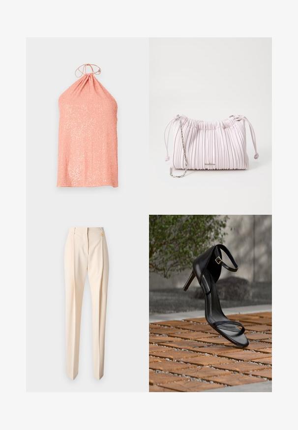 Persikan atas halter yang terbuat dari kain berbulu dengan payet, menampilkan leher yang berkumpul dan penutupan tali di belakang.; Beige housut, joissa on sileä pinta, hieman kapenevat lahkeet, etupleikkaukset ja pieni kultainen yksityiskohta.; Mustat korkokengät, joissa nilkkahihna, näyttävät leijuvan puisella laattalattialla ulkona, taustalla sumea vihreä kasvillisuus ja kiviseinä.; Vaaleanpunainen lievitetty käsilaukku, joka on valmistettu tekonahasta, ja siinä on nyörisuljenta sekä hopea ketjuolkaintä. Sileä pinta, kompakti muoto.