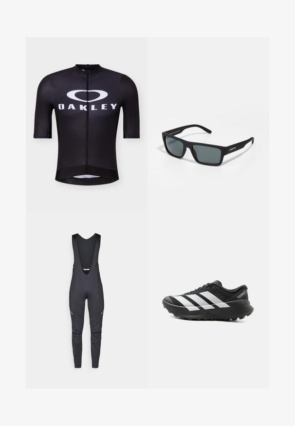 Schwarzes Radtrikot mit kurzen Ärmeln, Frontreißverschluss und weißem Oakley-Logo auf der Brust.; Vaude MENS MATERA WARM - Bib-Tights - black; Schwarz-weißer Adidas Terrex Trailrunning-Schuh mit dicker Sohle und griffiger Außensohle, Seitenansicht auf schlichtem hellem Hintergrund.; Schwarze rechteckige Sonnenbrille mit dunklen Gläsern und matter Oberfläche. Mit "ARNETTE"-Markierung an der Seite, geraden Bügeln und einem robusten Design.