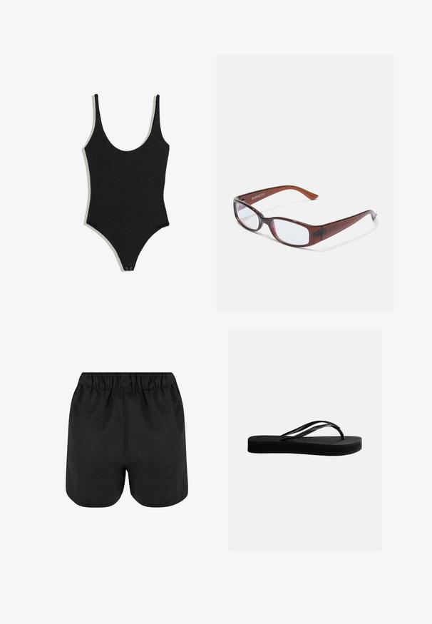 Body noir sans manches avec encolure arrondie et fermetures pressionnées à l'entrejambe, présenté sur fond blanc.; Shorts noirs avec une taille élastique. Tissu doux, design simple et ourlet légèrement arrondi en bas. Pas de motifs ou de logos visibles.; Tongs en caoutchouc noir avec semelle texturée et bride en forme de Y, vues de côté sur un fond clair uni.; Lunettes rectangulaires teintées de brun avec une finition brillante, dotées de branches fines et de verres transparents. Logo visible sur la branche gauche.