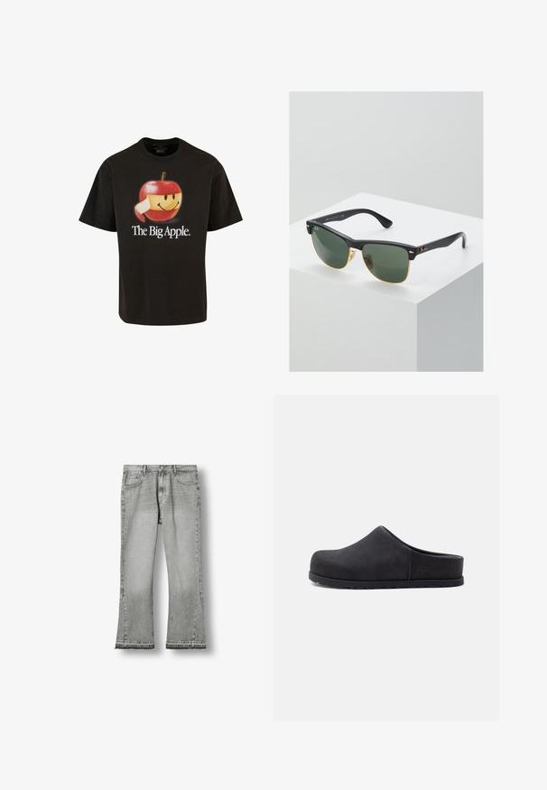T-shirt en coton noir présentant un grand graphique d'une pomme souriante avec une peau rouge, un visage jaune et le texte "La Grande Pomme".; Jean gris à jambes larges avec poches avant et arrière, passants de ceinture, fermeture par bouton et ourlet brut.; Sabot noir à enfiler, à bout fermé et dos ouvert, avec une semelle plate et un logo de marque discret sur le côté.; Lunettes de soleil Ray-Ban avec des verres verts, monture en plastique noir et accents dorés sur les bords. Forme carrée avec une finition mate.