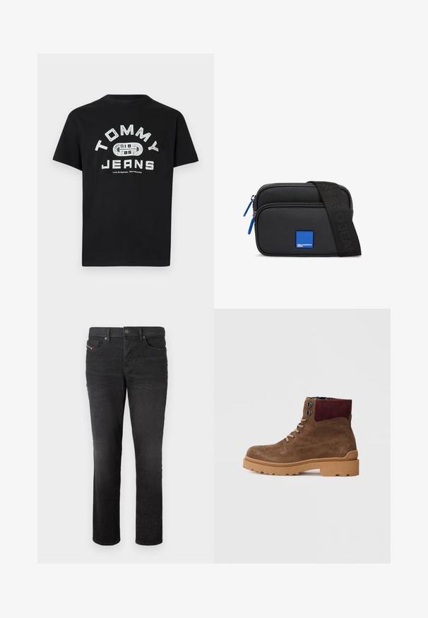 Mustast puuvillast T-särk, millel on silmatorkav valge trükitud logo "TOMMY JEANS" koos graafikaga ning allpool aasta "1985". Lühikesed varrukad, ümmargune kaelus.; Mustast denimist valmistatud sirge jala disainiga teksad, millel on viis taskut, nööbiga sulgemine ja õrn õmblusdetailide muster esiküljel.; Pruunist suede'ist pahkluu saapad maroonist kraega, ümmarguse varbaga ja tekstuurse kummipõhjaga. Sisaldab metallist silmuseid ja paelu sulgemiseks.; Must värvitud sünteetilisest materjalist ristiõlakott, millel on sinine ruudukujuline logo, kaks tõmblukuga sektsiooni ja must rihm, millel on bränditud tekst.
