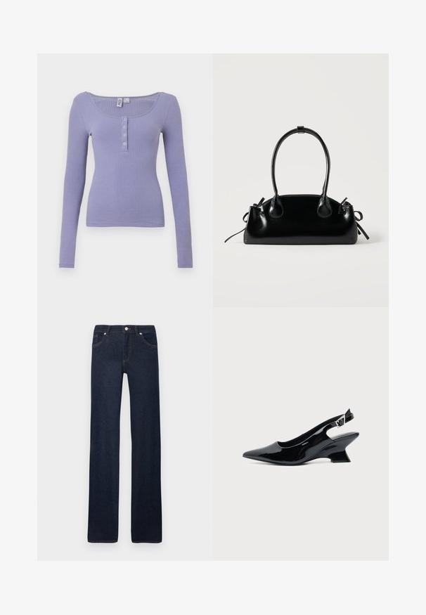 Ριχτό μπλουζάκι με μακριά μανίκια σε ανοιχτό μωβ, με στρογγυλή λαιμόκοψη και τρία μπροστινά κουμπιά, με εφαρμοστή σιλουέτα και μαλακή υφή.; Σκούρα μπλε τζιν με ίσιο πατρόν, εμπρόσθιες τσέπες, θηλιές για ζώνη, μεταλλικό κουμπί και ραφές λεπτομέρειες σε απλό λευκό φόντο.; Μαύρο παπούτσι slingback από πατενταρισμένο δέρμα με μυτερή μύτη και χαμηλό κεκλιμένο τακούνι τύπου block σε απλό φωτεινό φόντο.; Μικρή μαύρη γυαλιστερή τσάντα με δύο μακριές λαβές και λεπτομέρειες με ρυθμιζόμενο κορδόνι στο πλάι σε απλό ανοιχτό φόντο.