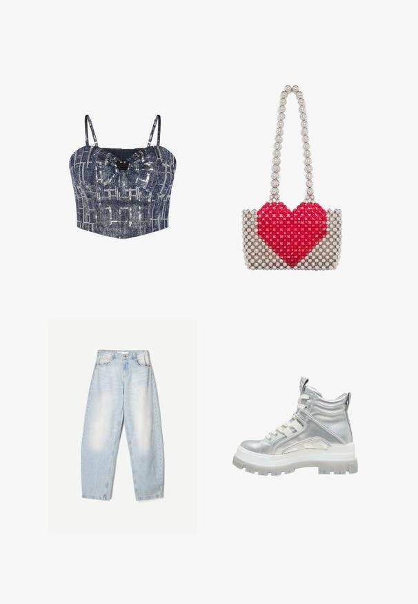 Mørkeblå paillet crop top med justerbare spaghetti stropper og indsamlet nøglehuldetalje foran i midten.; Lyseblå denimbukser med en loose fit, der har en falmet finish, to forlommer og en knaplukning i taljen.; Sølvmetallic høj-top støvle med tyk hvid lug sål, snørebånd foran og polstret ankelkrave på en hvid baggrund.; Lille håndtaske lavet af sølvperler med et stort rødt hjerte foran og et håndtag af sølvperler.