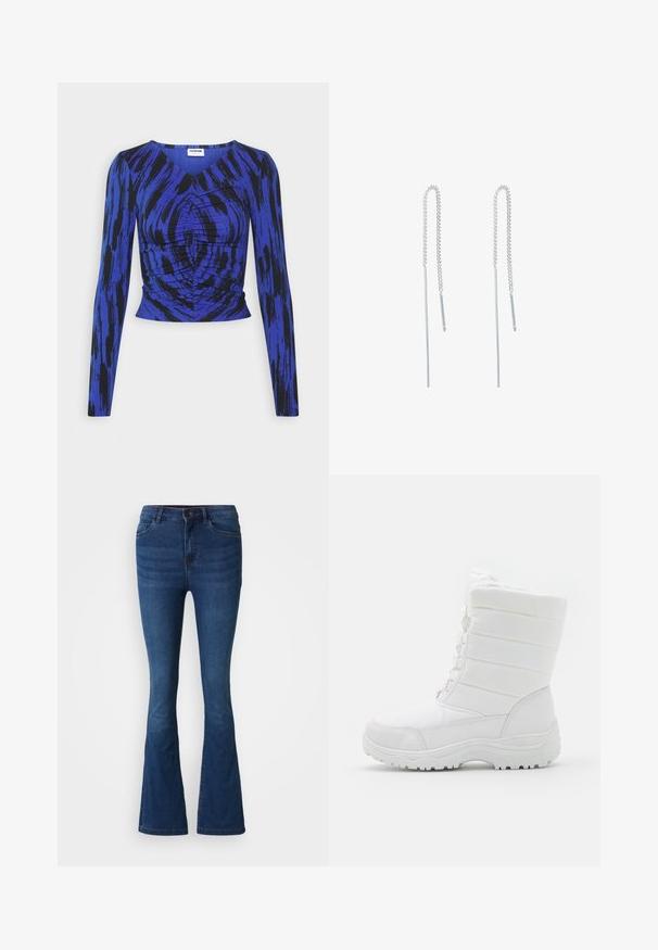 Noisy May NMCEMRE NECK - Langærmet T-shirt - dazzling blue; Mørkeblå denim flare jeans med for- og baglommer, knap- og lynlåslukning samt slidte detaljer på lår og knæ.; Hvide vandtætte vinterstøvler med en polstret overdel, tekstureret design, justerbare snørebånd og en robust gummisål for godt fæste.; Sølv kædeøreringe med forlænget design, der har en delikat kæde og lige, tynde pendanter i enderne. Glat tekstur.
