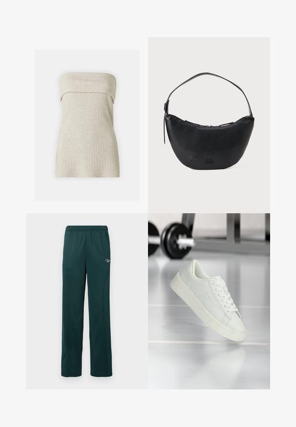 Beiges geripptes, trägerloses Oberteil mit weicher Textur. Es hat ein umgeschlagenes Design am Ausschnitt und eine taillierte Silhouette mit seitlichen Schlitzen.; Dunkelgrüne Sweatpants aus weichem Stoff, mit einem elastischen Bund und Seitennähten, versehen mit einem kleinen Logo auf der Vorderseite.; Weißer Sneaker mit Schnürsenkeln, der über einem Fitnessstudio-Boden schwebt, mit Langhantelgewichten und Fitnessgeräten, die im Hintergrund unscharf sind.; Schwarze Ledertasche in Halbmondform mit Reißverschluss und abnehmbarem Tragegurt. Kleines Logo auf der Vorderseite geprägt.